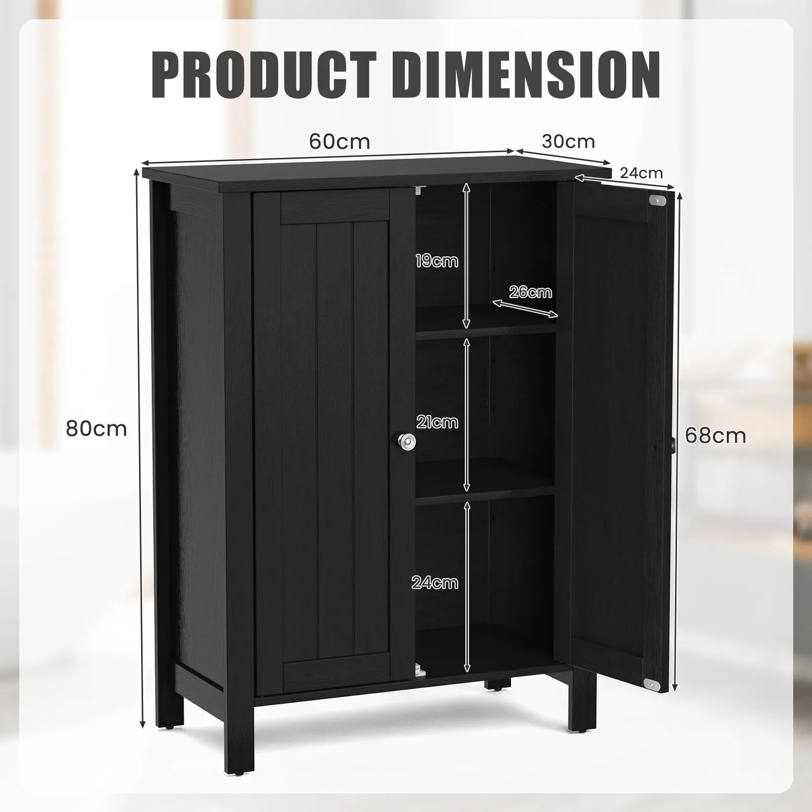 2-Door Freestanding Bathroom Floor Cabinet with Adjustable Shelves-Black