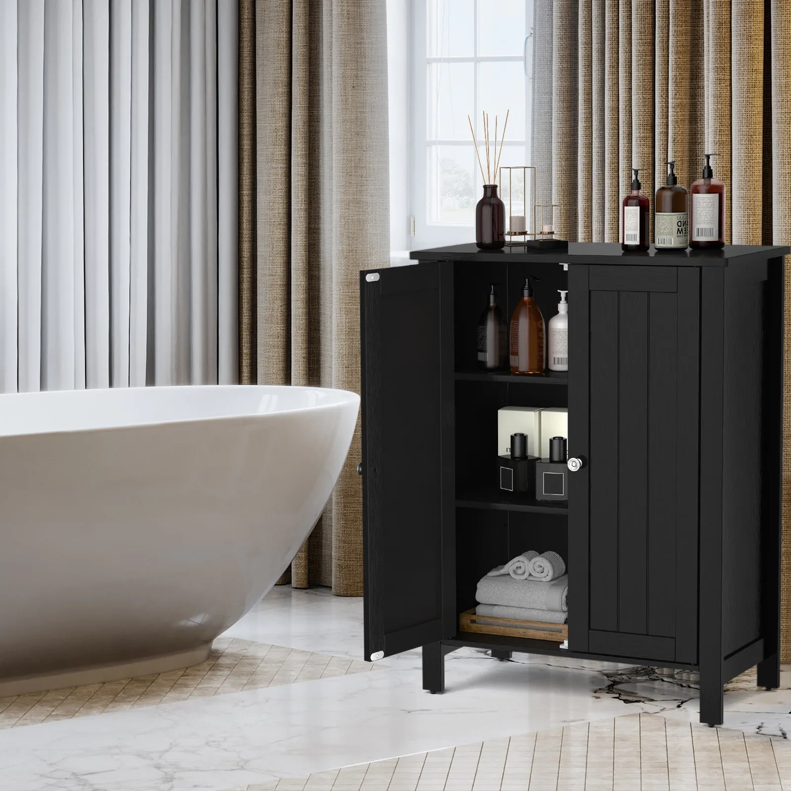 2-Door Freestanding Bathroom Floor Cabinet with Adjustable Shelves-Black