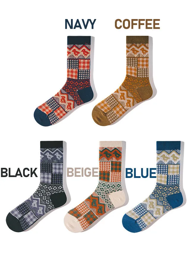 3 Pack Retro Ethnic Jacquard Calf Socks