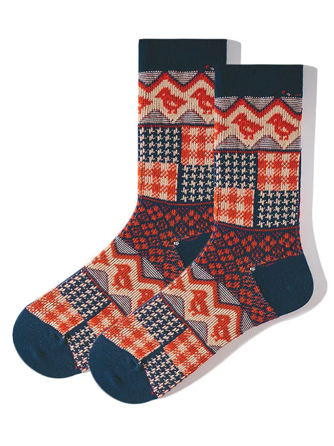 3 Pack Retro Ethnic Jacquard Calf Socks