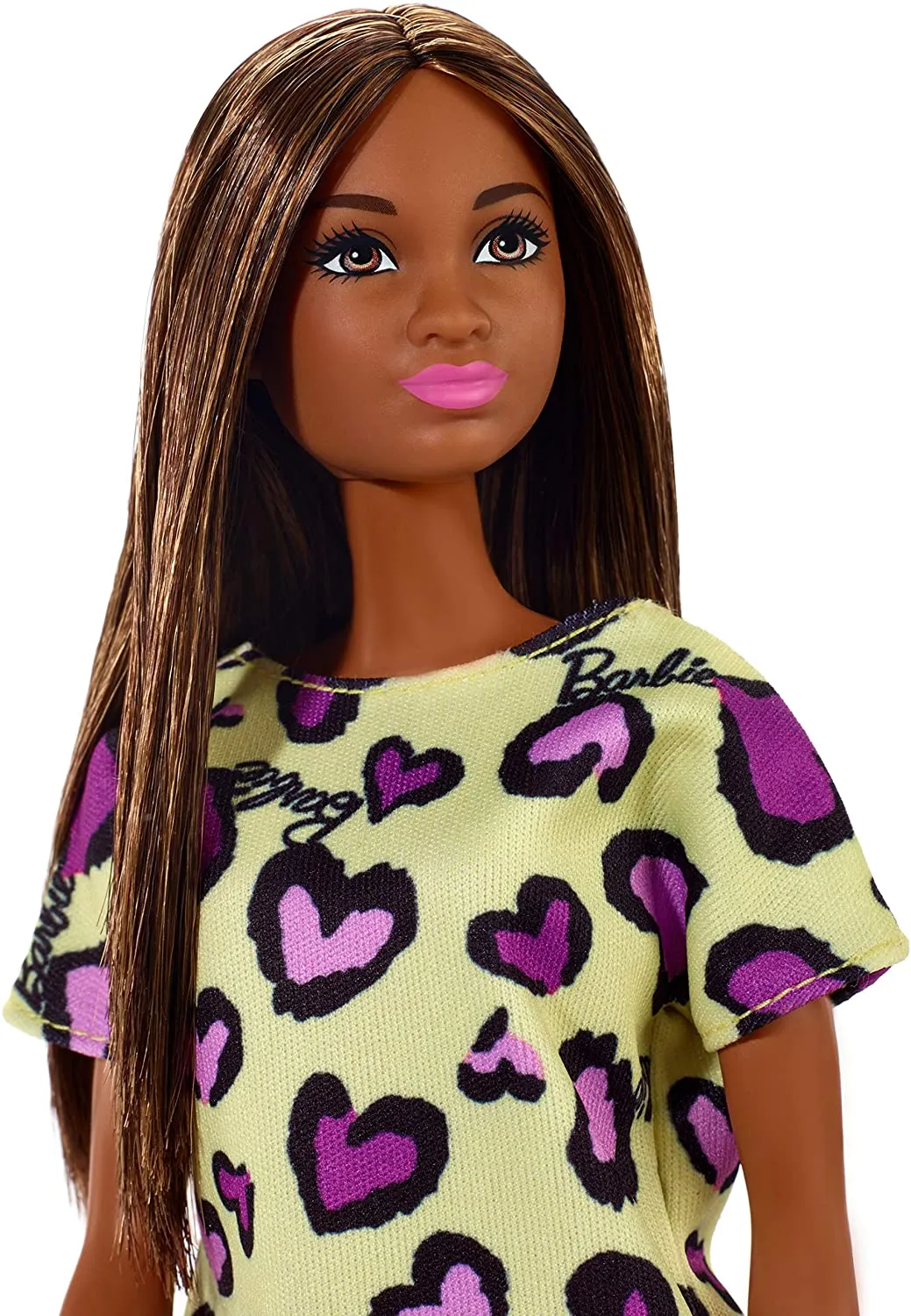 Barbie Doll Brunette Wearing Yellow and Purple Heart Print Dress