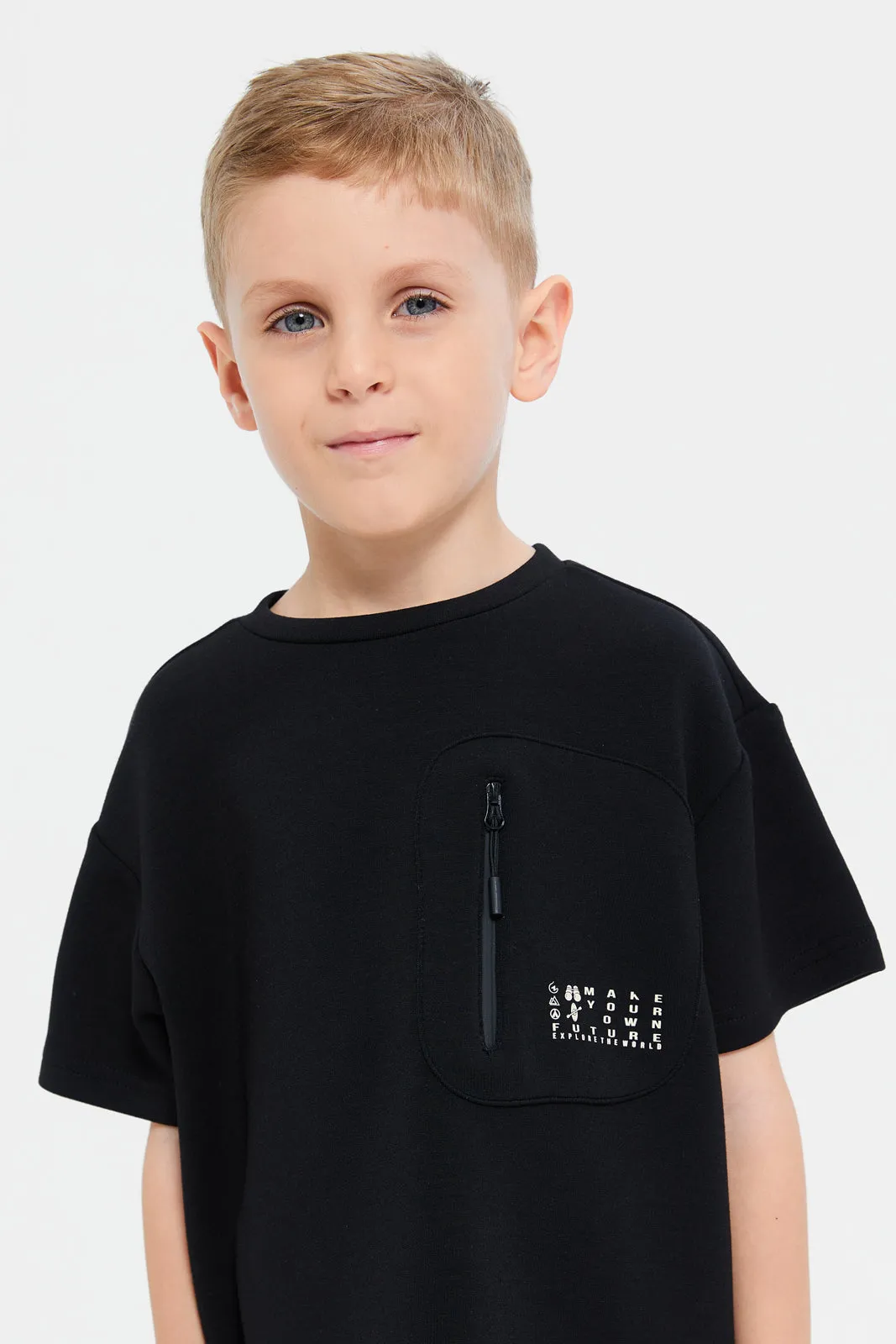 Boys Black Printed Loose Fit T-Shirt