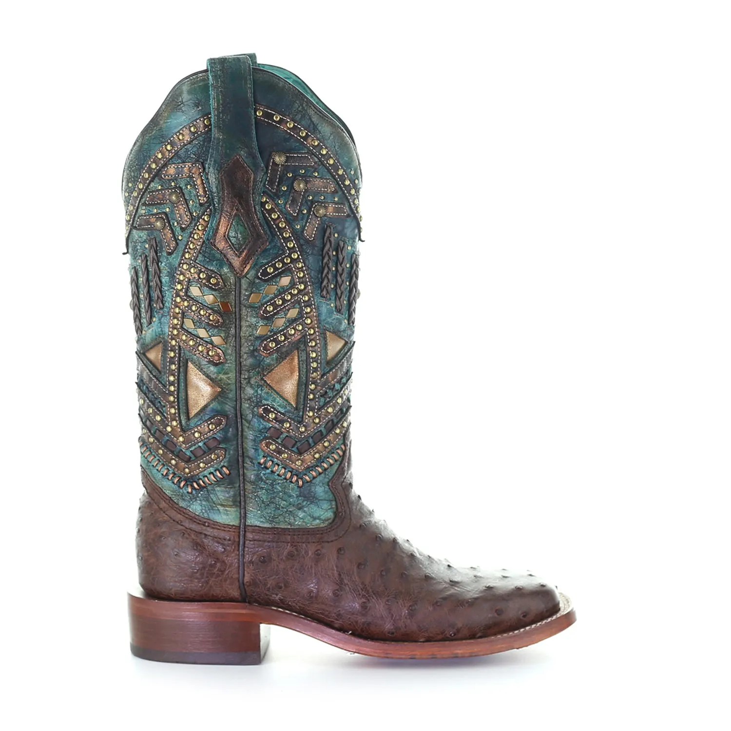 Corral Womens Vaquero Stud Cowboy Boots Ostrich Brown/Turquoise