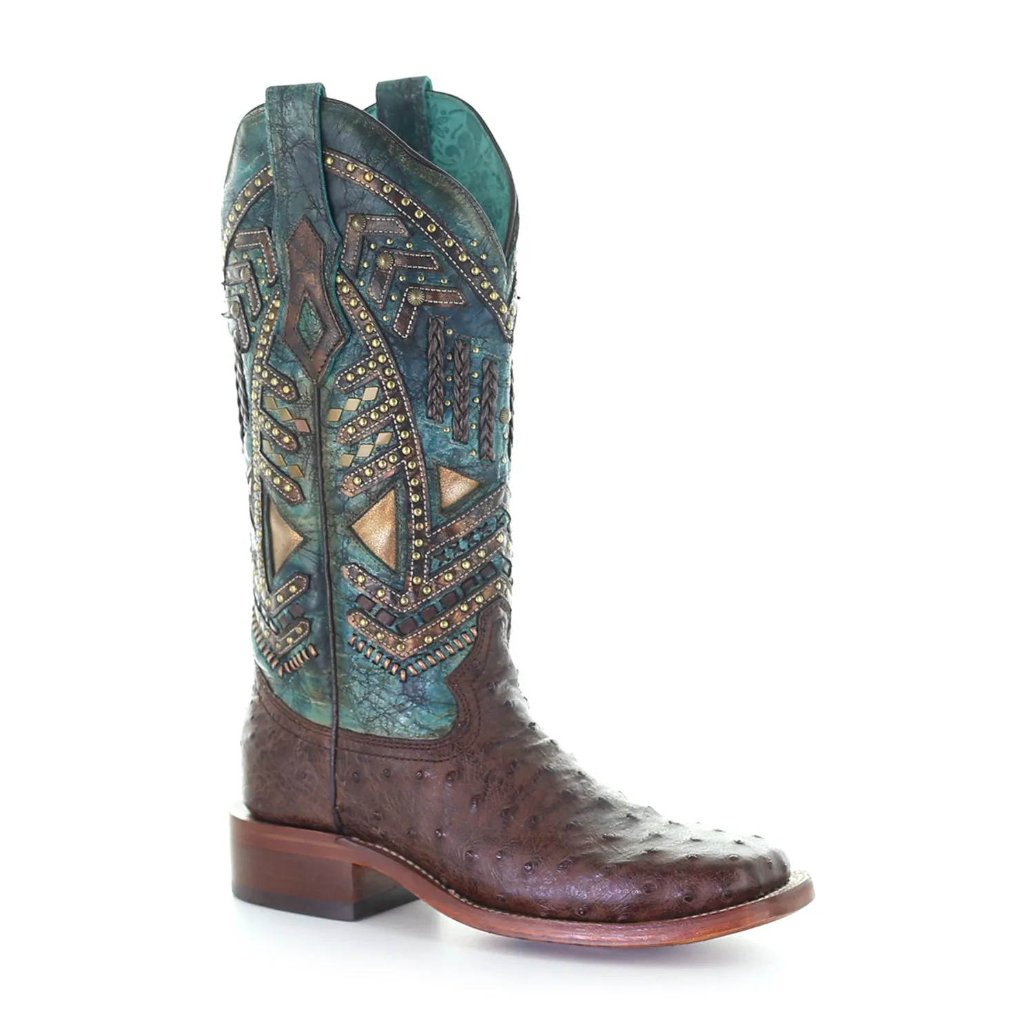 Corral Womens Vaquero Stud Cowboy Boots Ostrich Brown/Turquoise