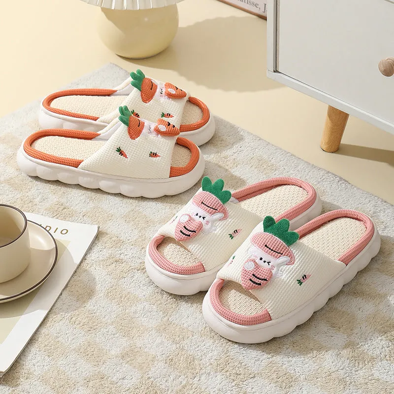 Cute Carrot Rabbit Shoes Linen Slippers Men And Women Couples Indoor Non-slip Thick Bottom House Shoes