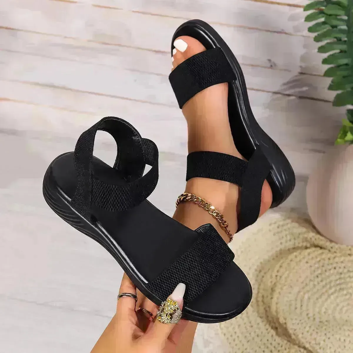 Fashion Color-block Elastic Sandals Summer Fashion Fish Mouth Flat Shoes For Women