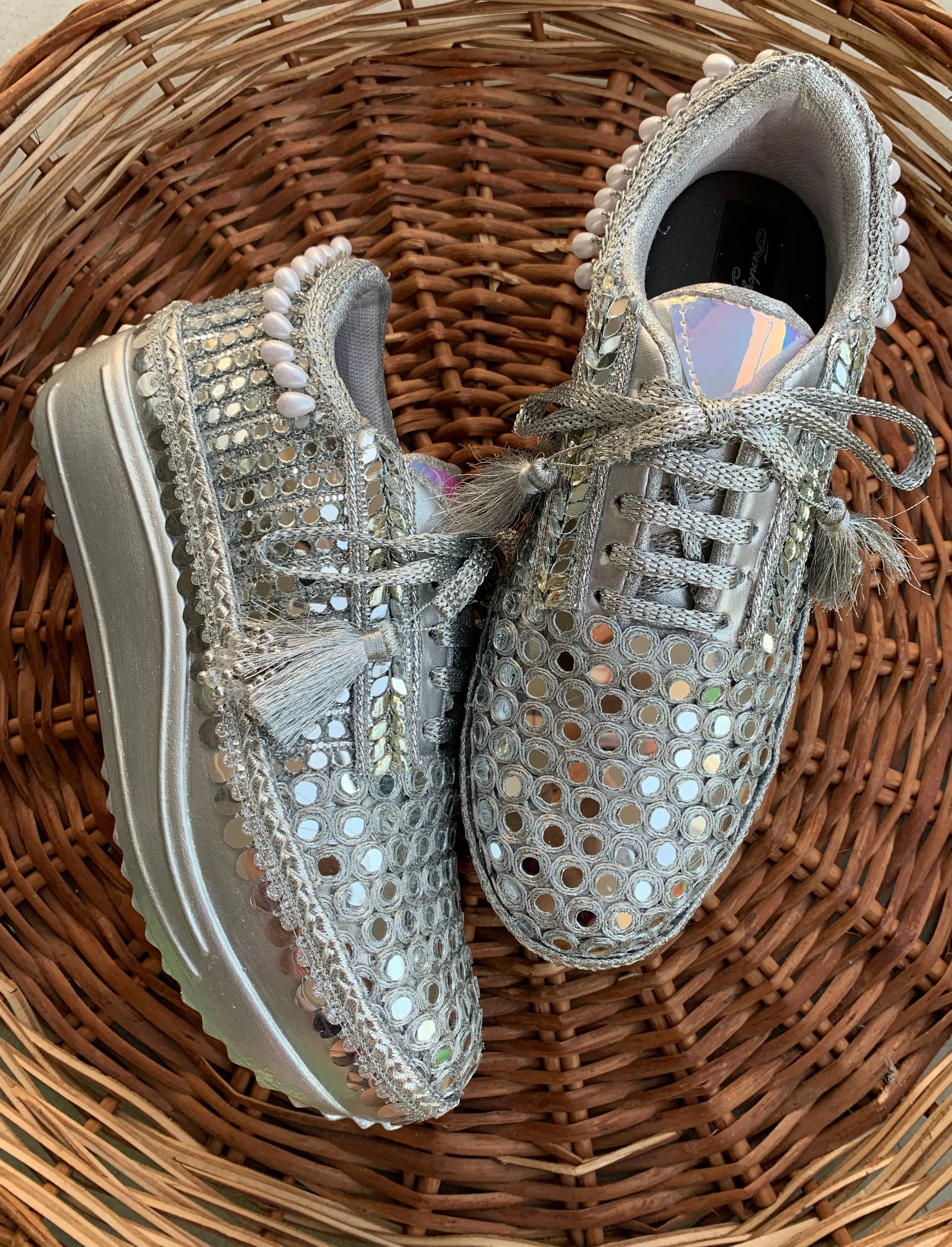 FUNKY N TRENDY Full mirror work silver sneakers for brides / bridesmaids/ silver sneakers / mirror sneakers / silver shoes