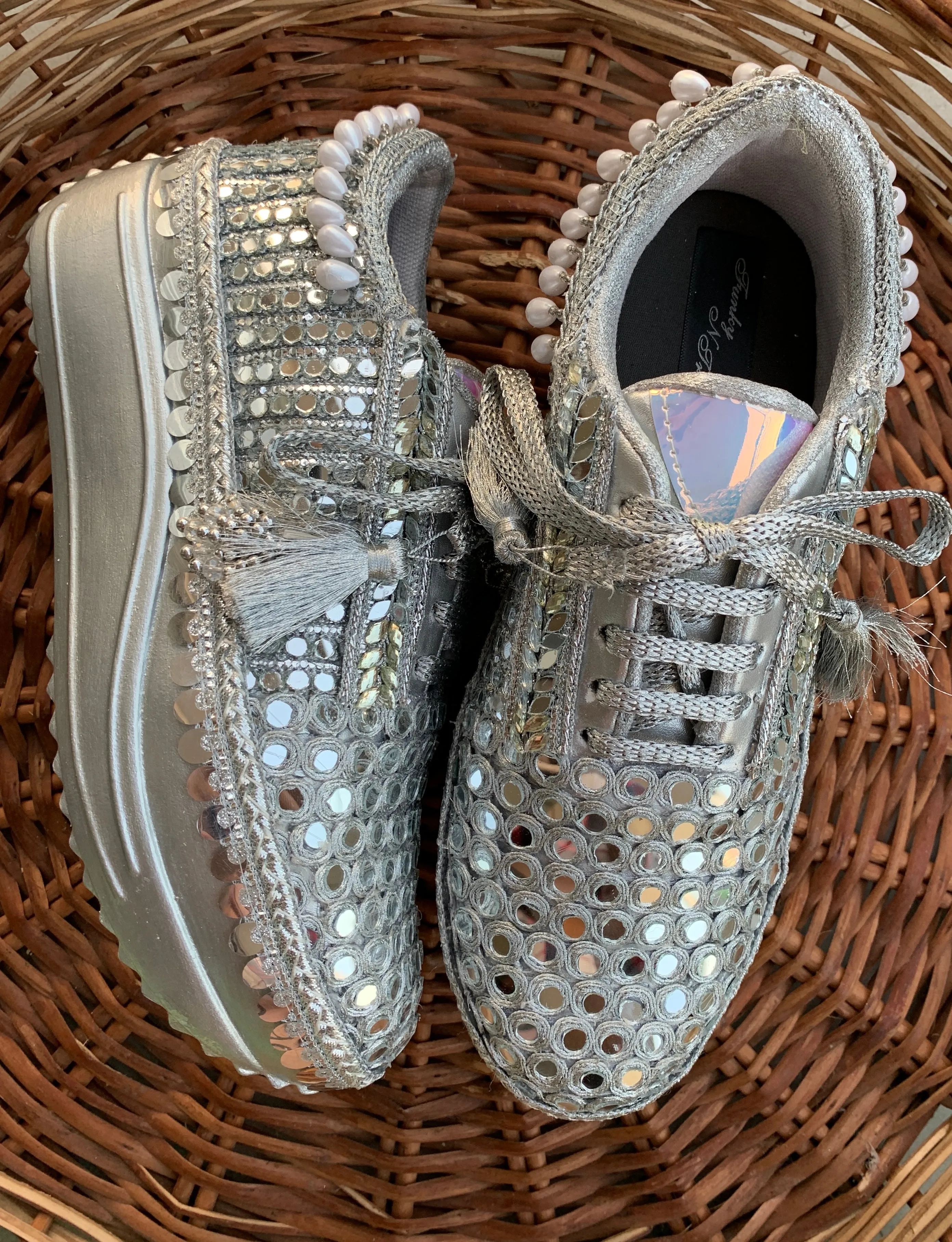 FUNKY N TRENDY Full mirror work silver sneakers for brides / bridesmaids/ silver sneakers / mirror sneakers / silver shoes