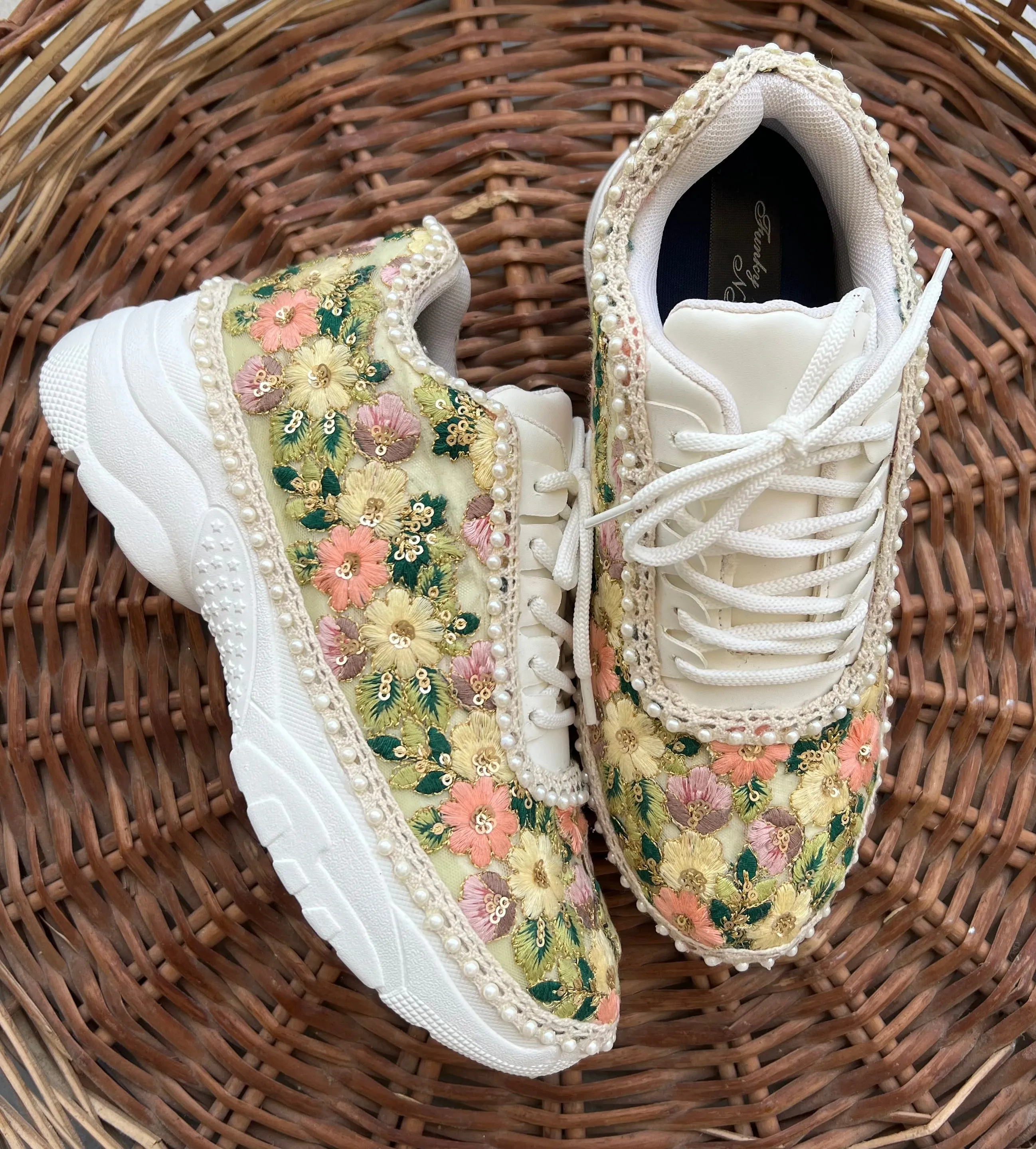 FUNKY N TRENDY fully hand crafted floral work sneakers /bridal sneakers / bridesmaid sneakers/ floral sneakers /colorful sneakers /bridal shoes / haldi mahendi shoes/ green sneakers