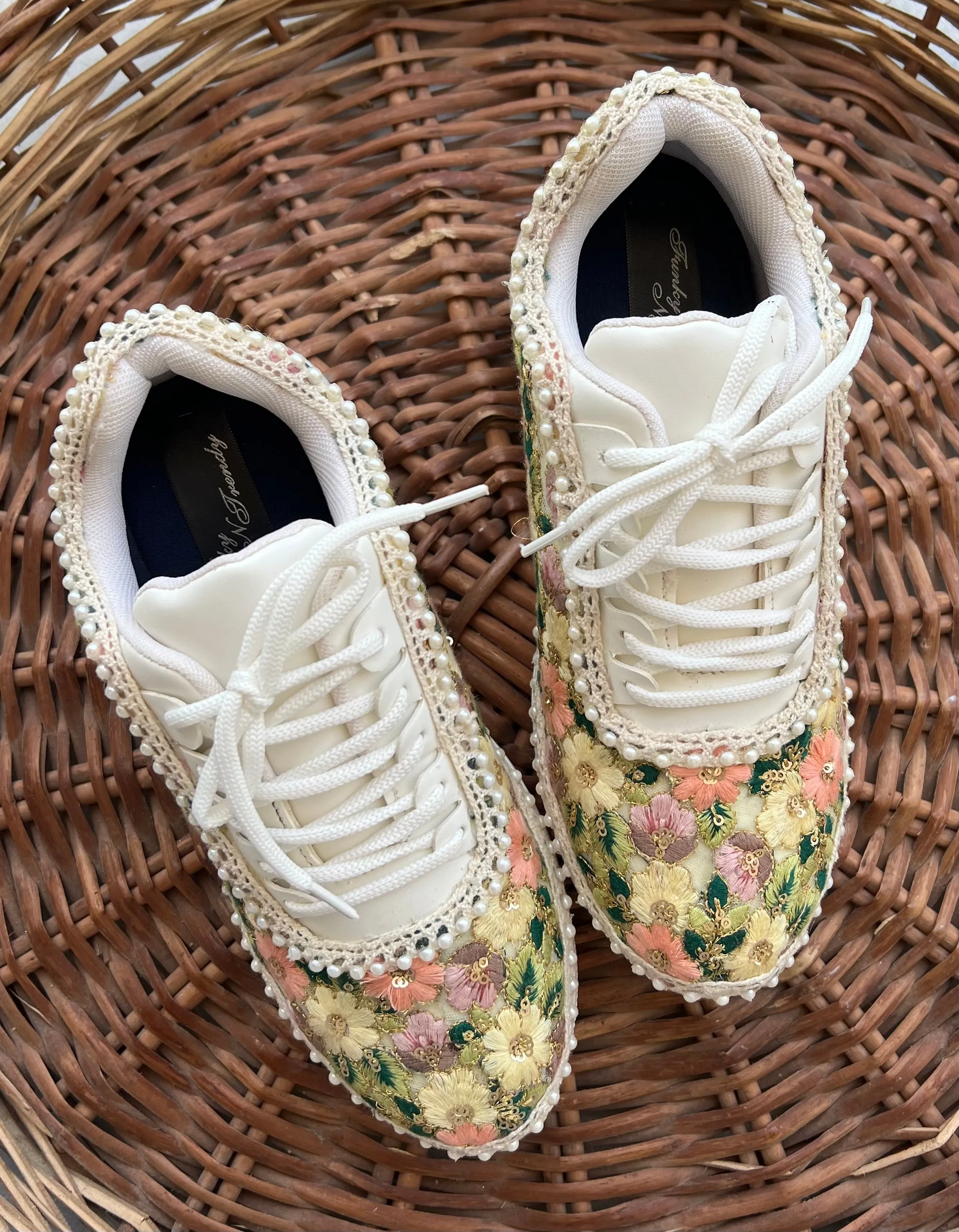 FUNKY N TRENDY fully hand crafted floral work sneakers /bridal sneakers / bridesmaid sneakers/ floral sneakers /colorful sneakers /bridal shoes / haldi mahendi shoes/ green sneakers