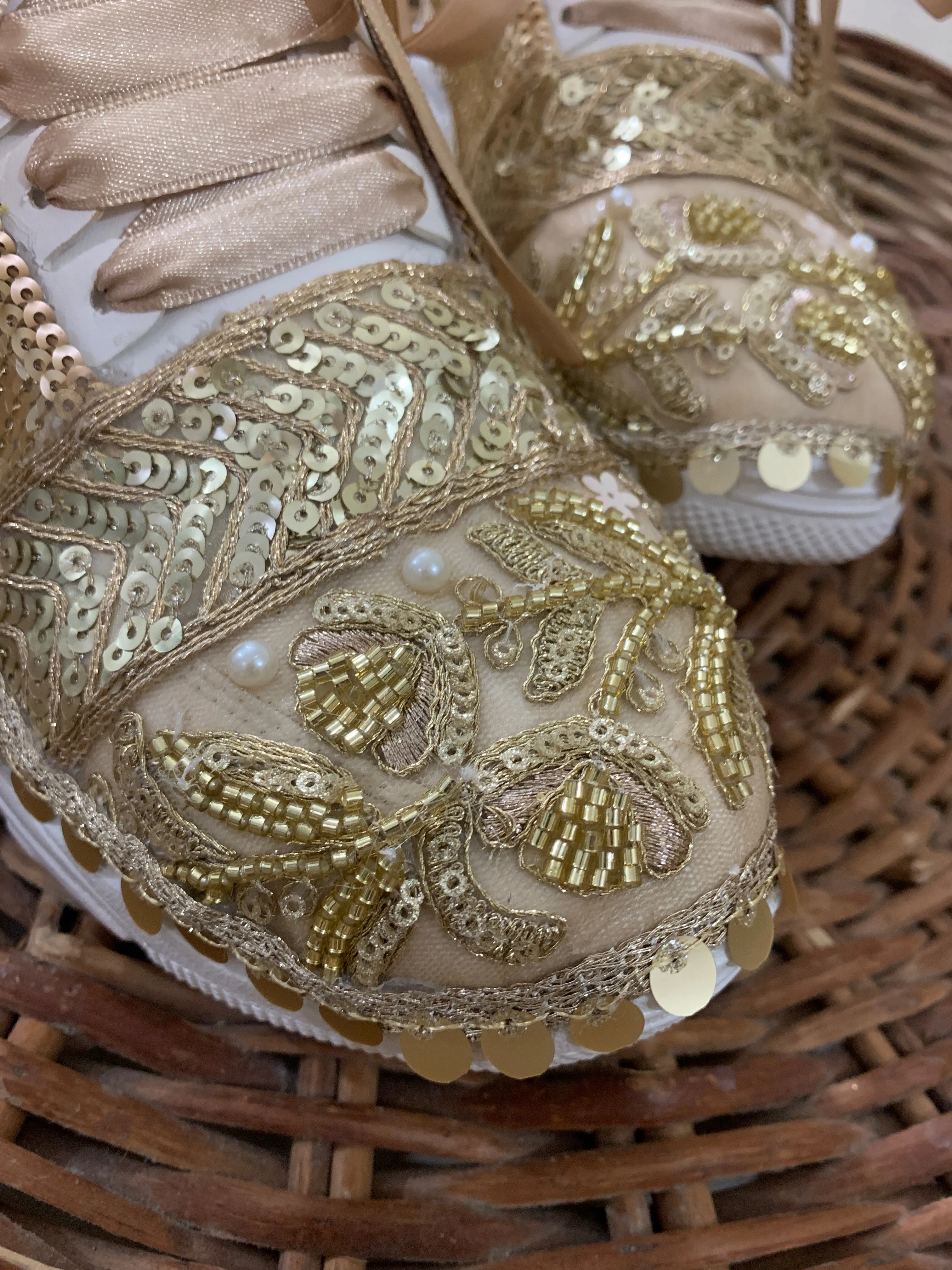 FUNKY N TRENDY handcrafted golden sequine work bridal sneakers / bridesmaid sneakers/ gold sneakers / sequine work sneakers / embroidery sneakers for bride / bridal sneakers