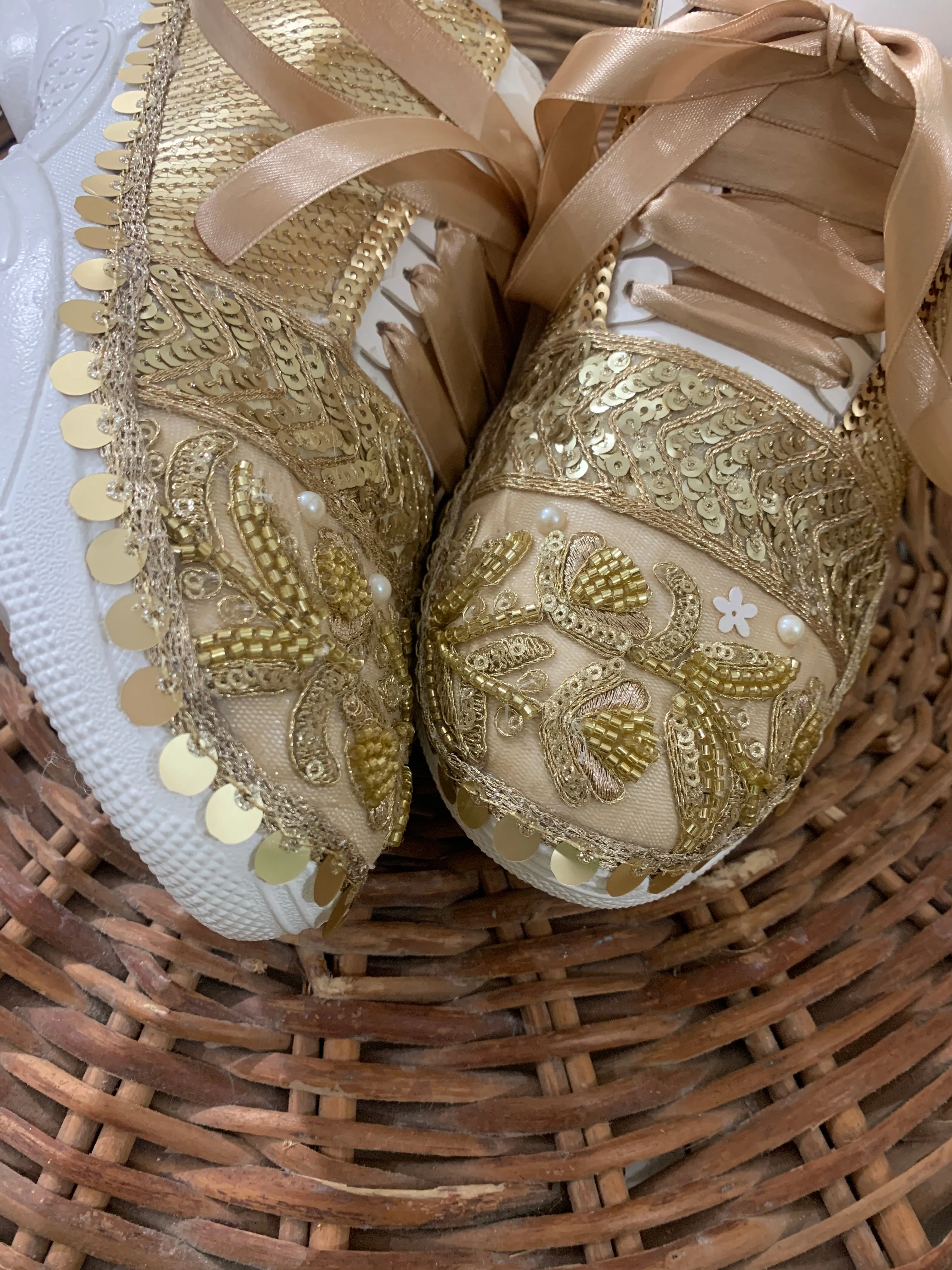 FUNKY N TRENDY handcrafted golden sequine work bridal sneakers / bridesmaid sneakers/ gold sneakers / sequine work sneakers / embroidery sneakers for bride / bridal sneakers