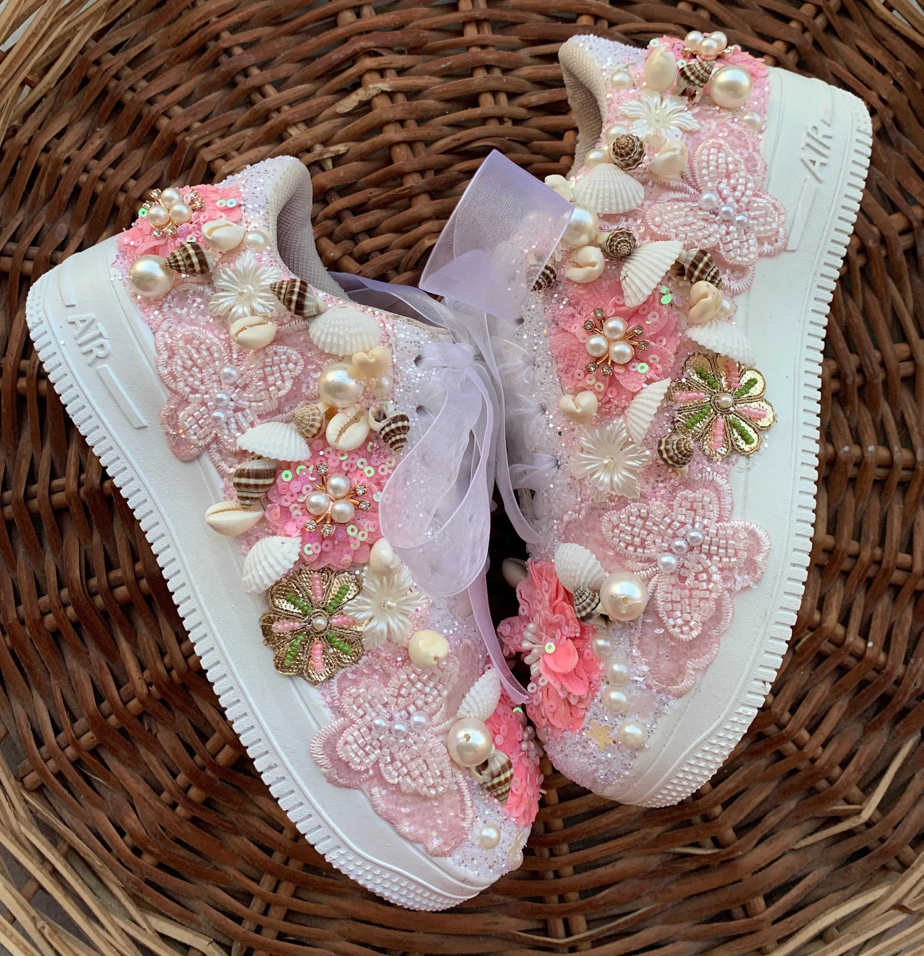 FUNKY N TRENDY pink/white floral butterfly theme sneakers with shells pearls detailing for brides / bridesmaids / bridal sneakers / bridesmaid sneakers / bridal shoes/ pink shoes / pink sneakers