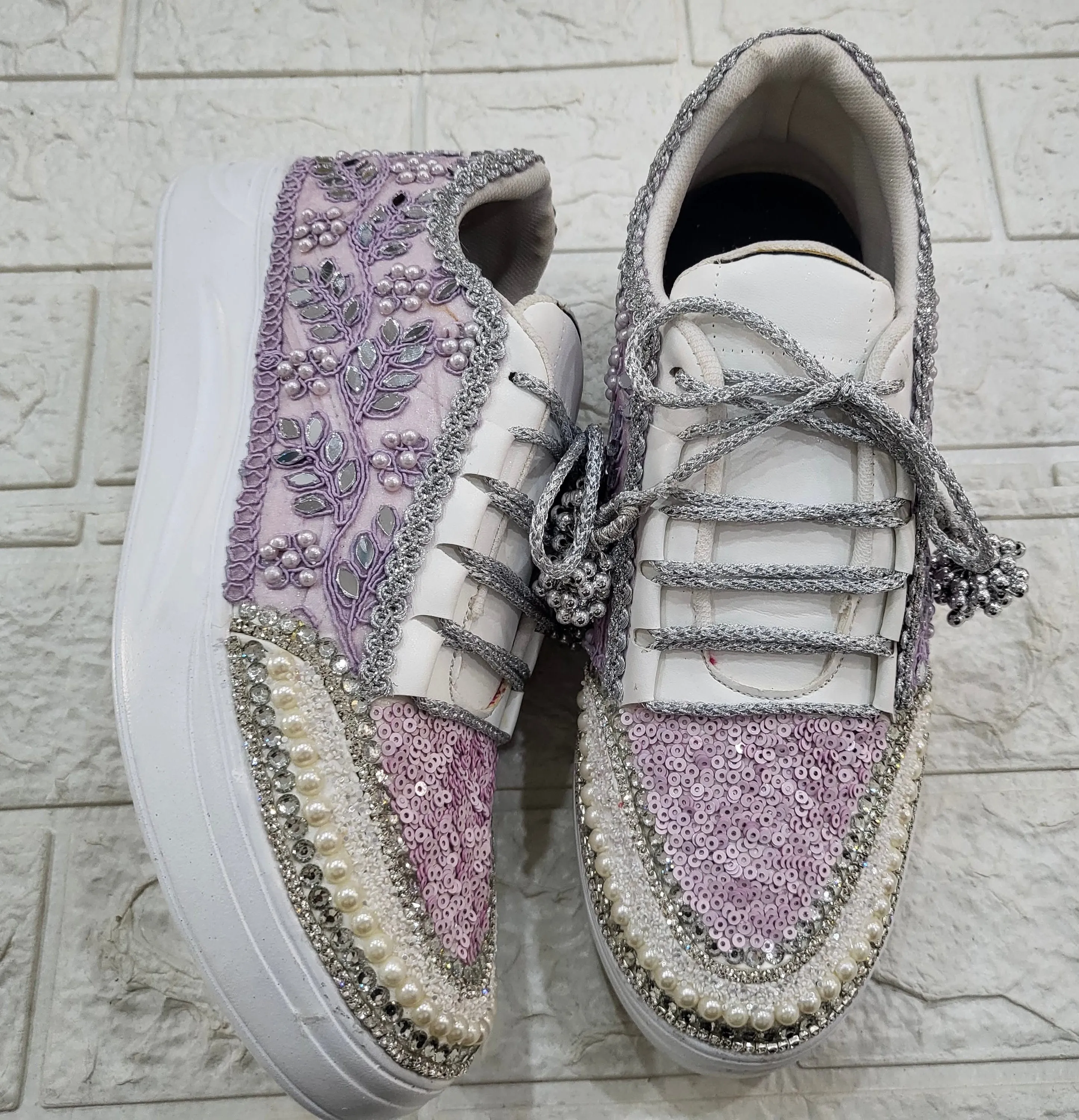 Funky N Trendy purple / lilac/ lavender embroidery work bridal sneakers/ bridesmaid sneaker / hancrafted sneakers / purple sneakers / white sneakers