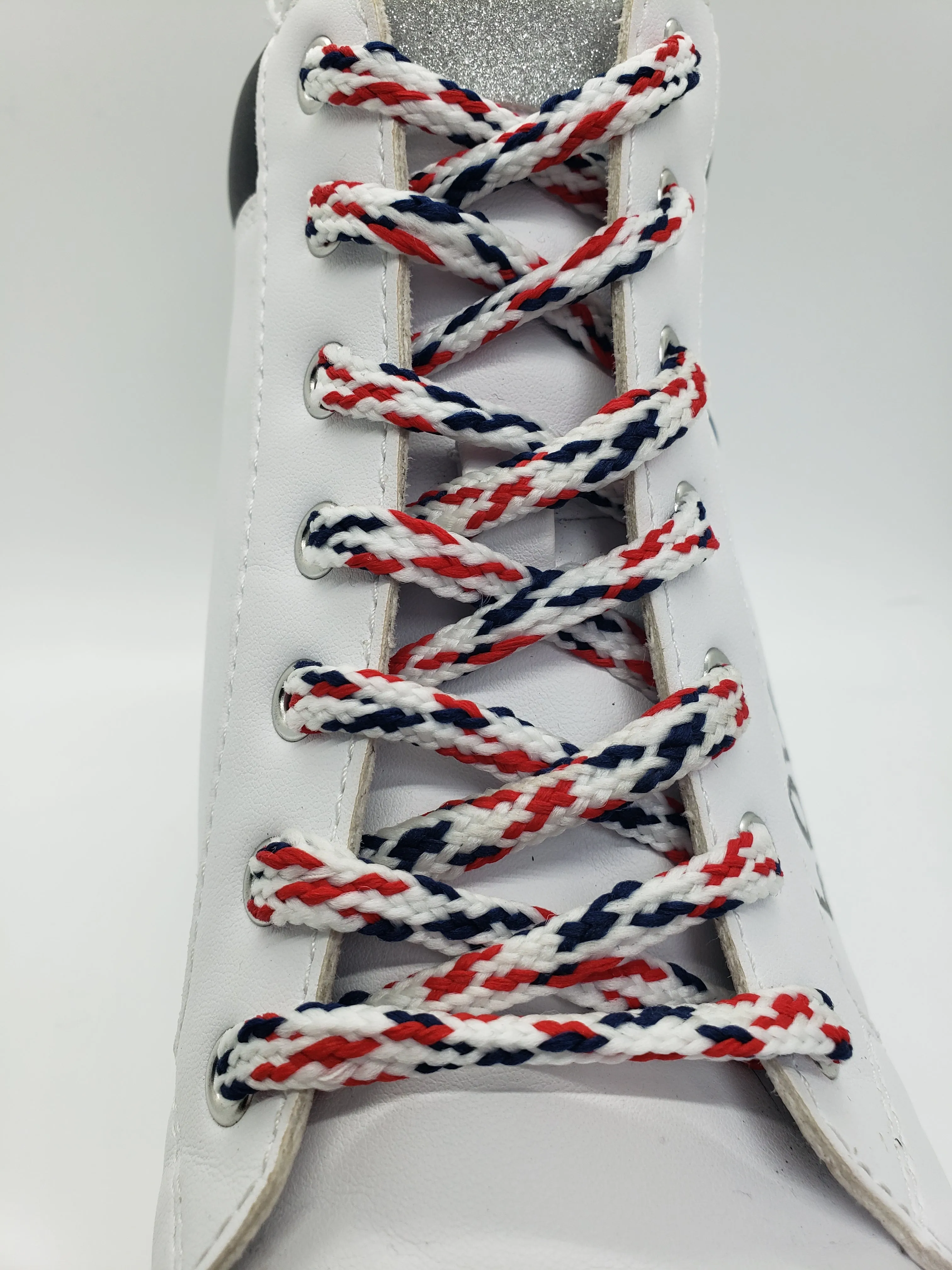 Hybrid Glow in the Dark Multicolor Shoelaces -White with navy and red accents