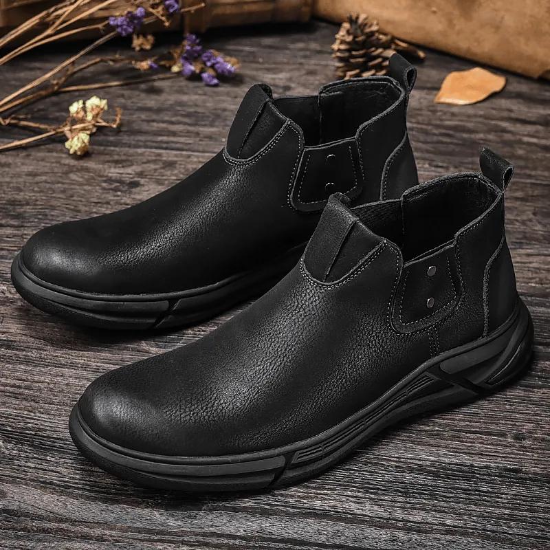 kkboxly kkboxly Men Retro Cowhide Leather Non Slip Soft Sole Elastic Slip on Chelsea Boots