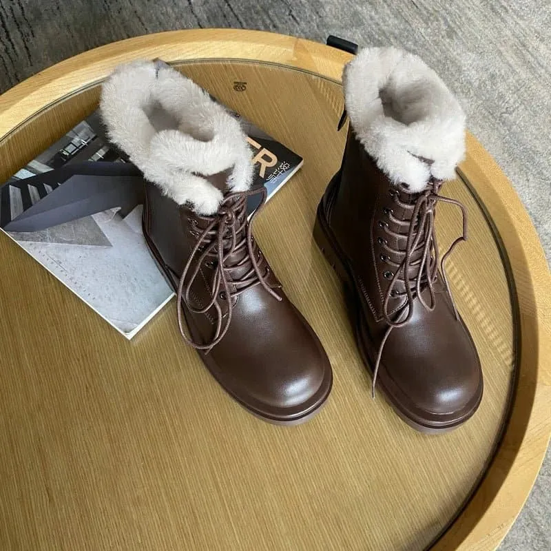 Lace Up Leather Snow Boots - Genuine Cow Leather, Shearling Insoles, Rubber Outsole