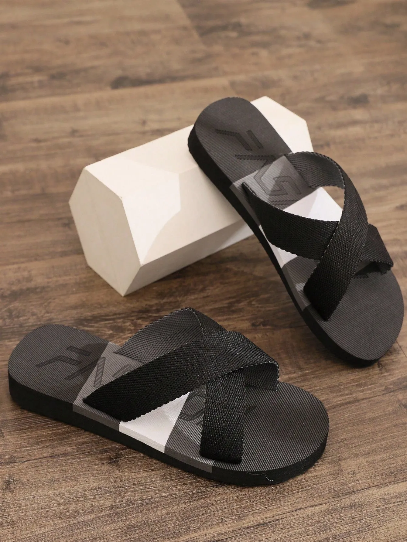 Men'S Slides Crossed Foot Band Summer Black & Colorblock Fabric Strap Open Toe Slip-On Casual Beach Outdoor Flops