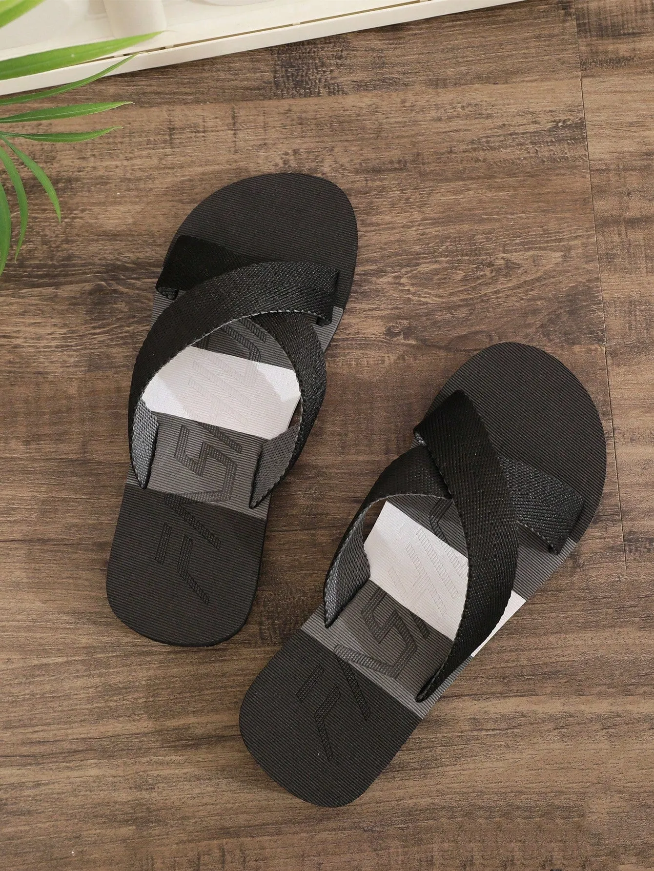 Men'S Slides Crossed Foot Band Summer Black & Colorblock Fabric Strap Open Toe Slip-On Casual Beach Outdoor Flops