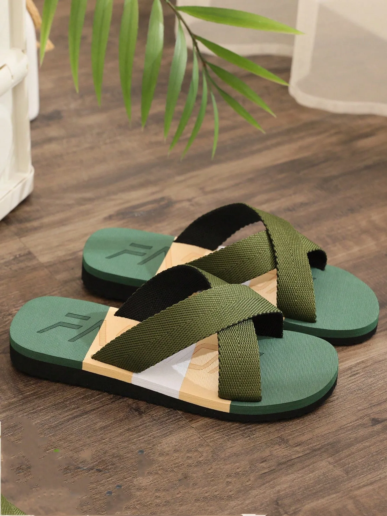 Men'S Slides Crossed Foot Band Summer Black & Colorblock Fabric Strap Open Toe Slip-On Casual Beach Outdoor Flops