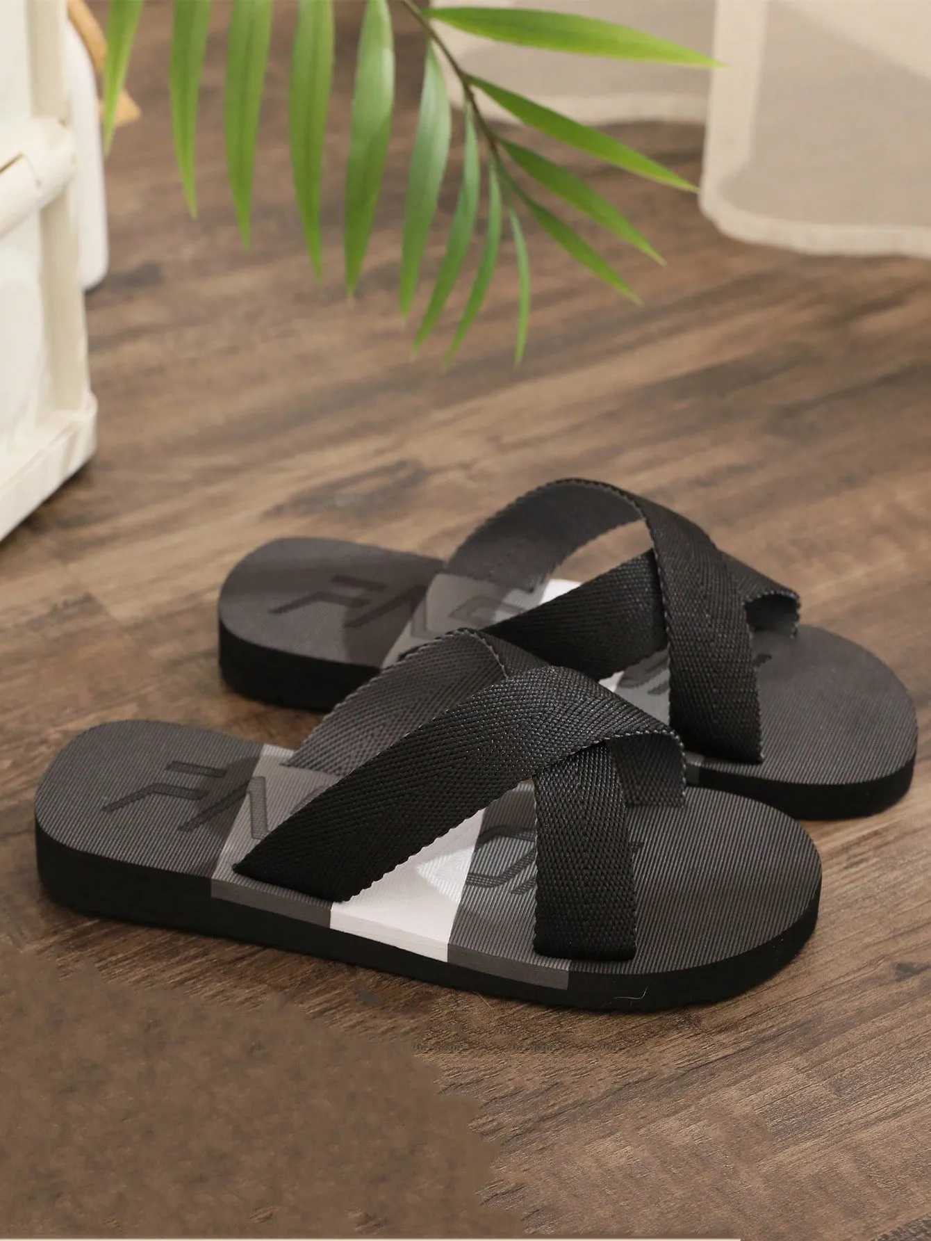 Men'S Slides Crossed Foot Band Summer Black & Colorblock Fabric Strap Open Toe Slip-On Casual Beach Outdoor Flops