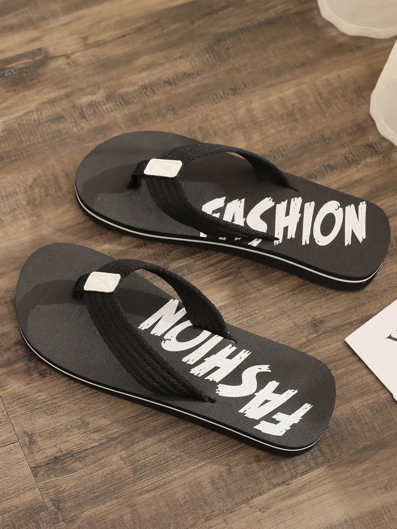 Men's Summer Fashion Outdoor Beach Flip Flops, Casual Black Non-Slip Slippers, Woven Strap, Slip-On Style