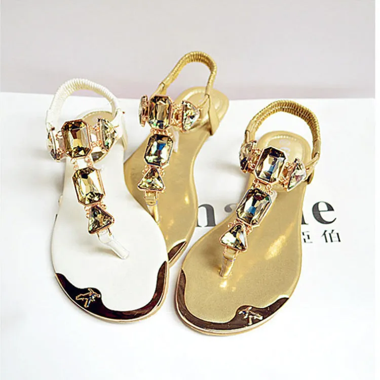 New Sandals Rhinestone Back Wrist Strap Clip-Toe Herringbone Low-Top Flat Shoes Metal Head Beach Shoes Women