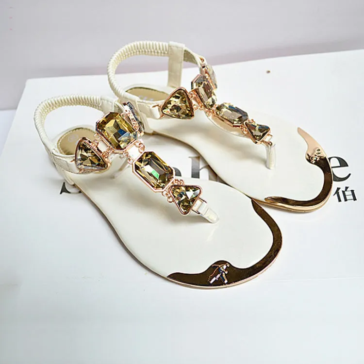 New Sandals Rhinestone Back Wrist Strap Clip-Toe Herringbone Low-Top Flat Shoes Metal Head Beach Shoes Women