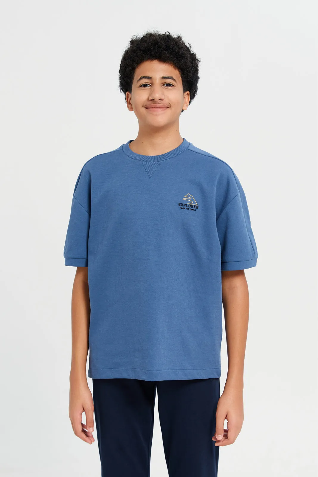 Senior Boys Blue Embellished T-Shirt