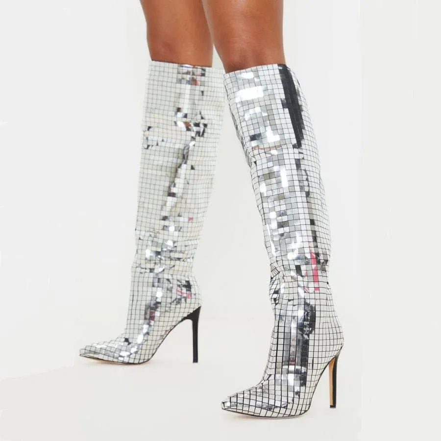 Shiny Metallic Knee-High Boots with Thin Heels - 11cm High Heels Long Boots