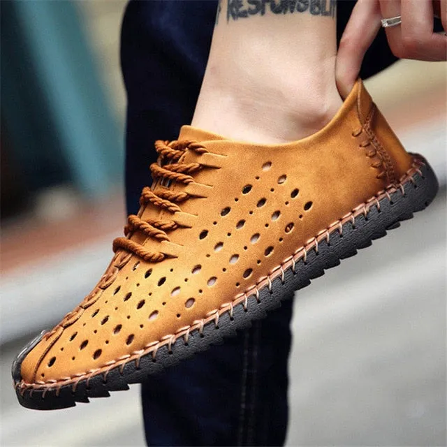 Summer Microfiber Leather Breathable Hole Lace Up Shoe