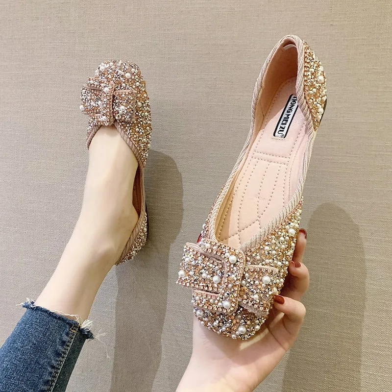 Toleet Graduation Gift  Women Ballet Flats 2023 Bling Crystal Diamond Dress Ladies Bow Sequins Single Shoes Rhinestone Glitter Square Toe Plus Size 43