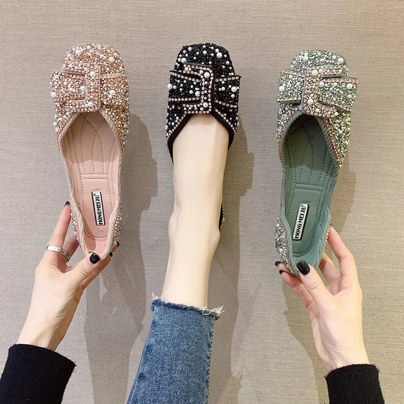 Toleet Graduation Gift  Women Ballet Flats 2023 Bling Crystal Diamond Dress Ladies Bow Sequins Single Shoes Rhinestone Glitter Square Toe Plus Size 43