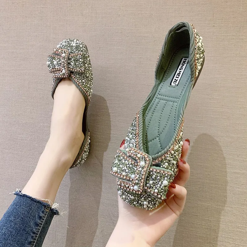 Toleet Graduation Gift  Women Ballet Flats 2023 Bling Crystal Diamond Dress Ladies Bow Sequins Single Shoes Rhinestone Glitter Square Toe Plus Size 43