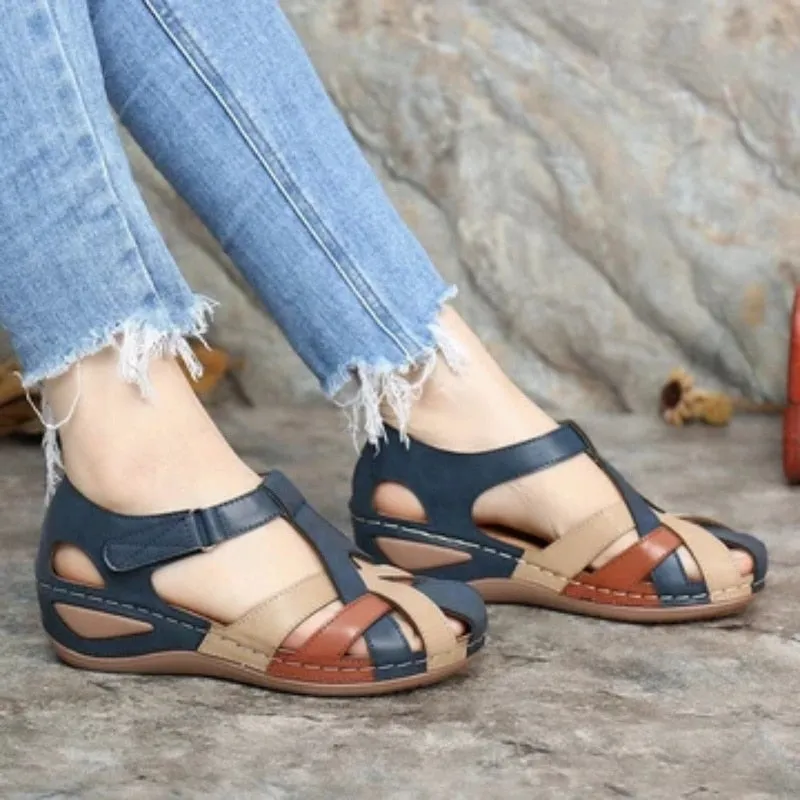 Toleet Summer Women Sandals Soft Sole Closed Toe Wedges Shoes Hollow Out Non Slip Pu Leather Platform Sandals Mixed Color Women Shoes