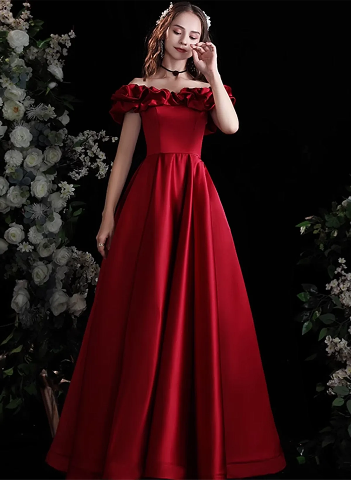 Wine Red Satin Simple Off Shoulder Party Dress, Wine Red Long Prom Dress Evening Dress