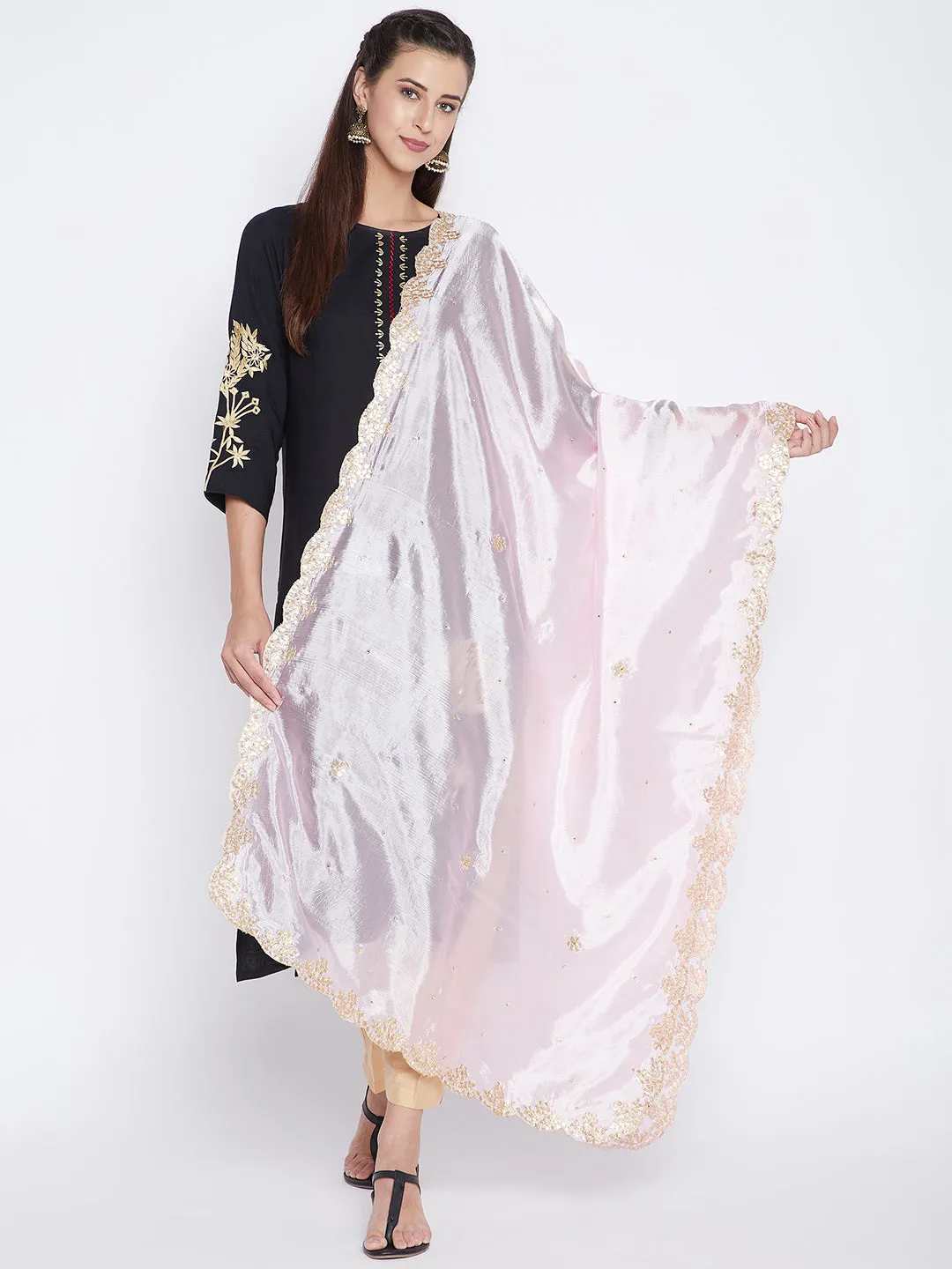 Women Baby Pink Gotta Patti Silk Dupatta