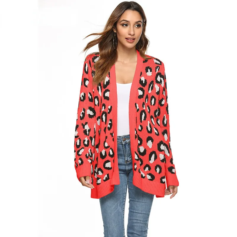 Women Long Sleeve Open Front Leopard Knit Sweater Coat