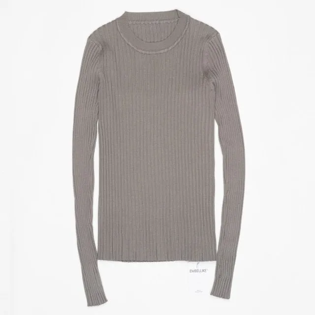 Women Sweater Pullover Basic Rib Knitted Cotton Tops Solid Crew Neck Essential Jumper Long Sleeve Sweaters With Thumb Hole