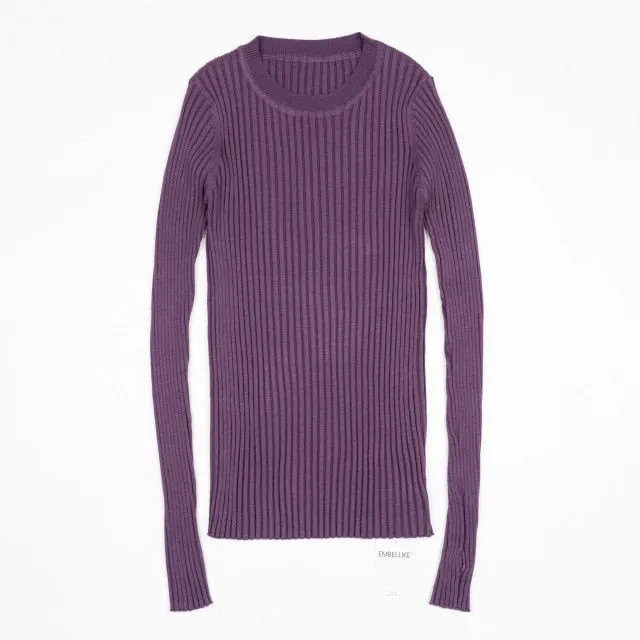 Women Sweater Pullover Basic Rib Knitted Cotton Tops Solid Crew Neck Essential Jumper Long Sleeve Sweaters With Thumb Hole