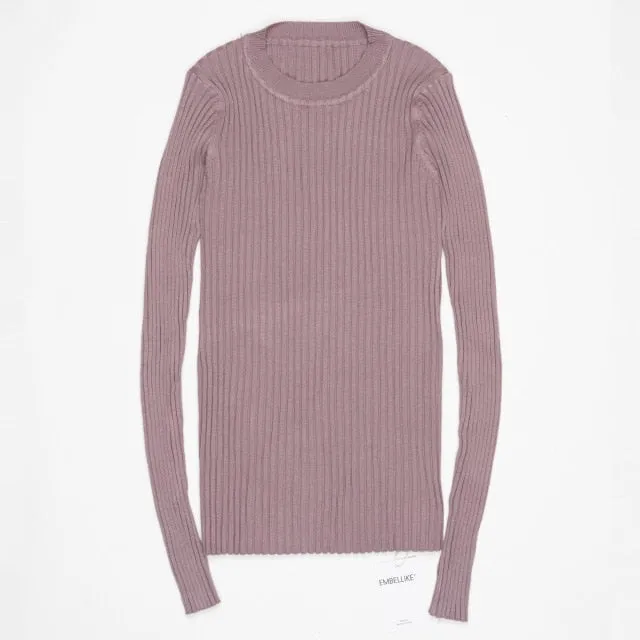 Women Sweater Pullover Basic Rib Knitted Cotton Tops Solid Crew Neck Essential Jumper Long Sleeve Sweaters With Thumb Hole