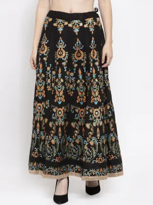 Women'S Black Printed Flared Rayon Maxi Skirt