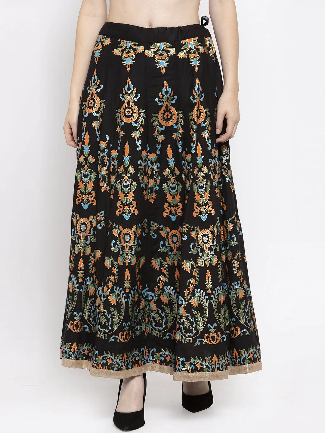 Women'S Black Printed Flared Rayon Maxi Skirt