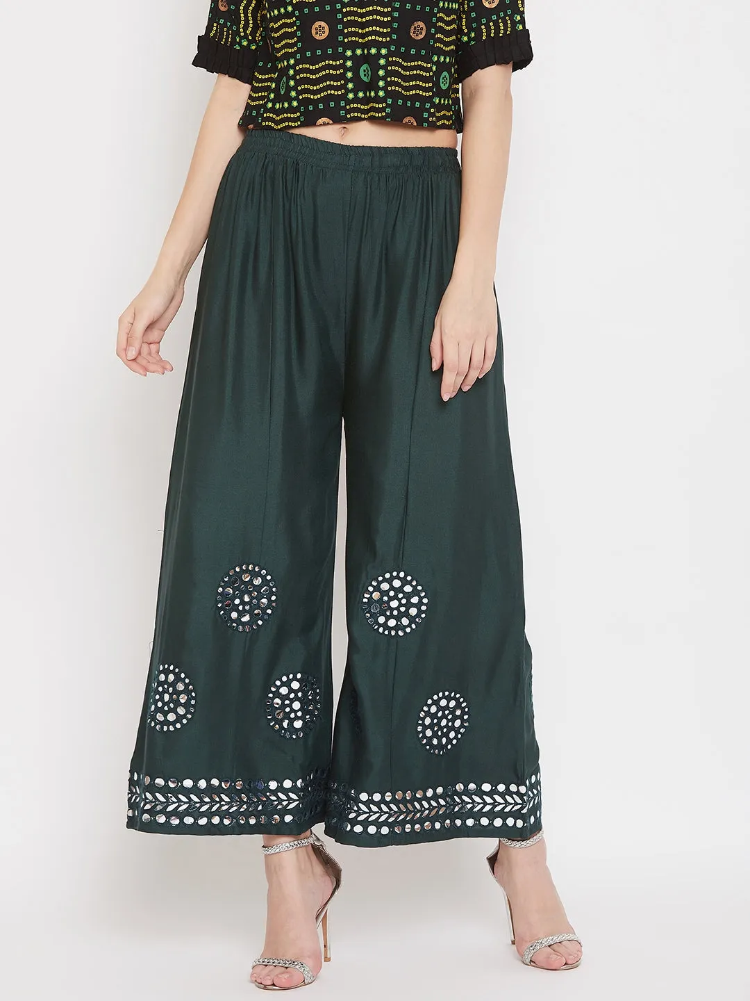 Women'S Bottle Green Mirror Work Rayon Sharara