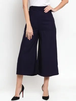 Women'S Navy Blue Solid Rayon Culottes