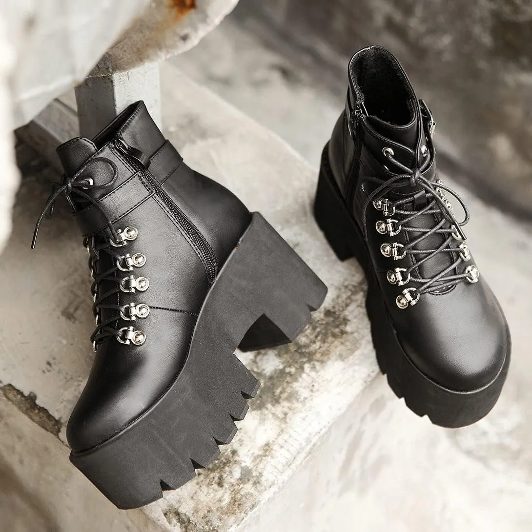 Women'S Platform Goth Combat Boots Lace up Chunky High Heels Gothic Punk Ankle Boots