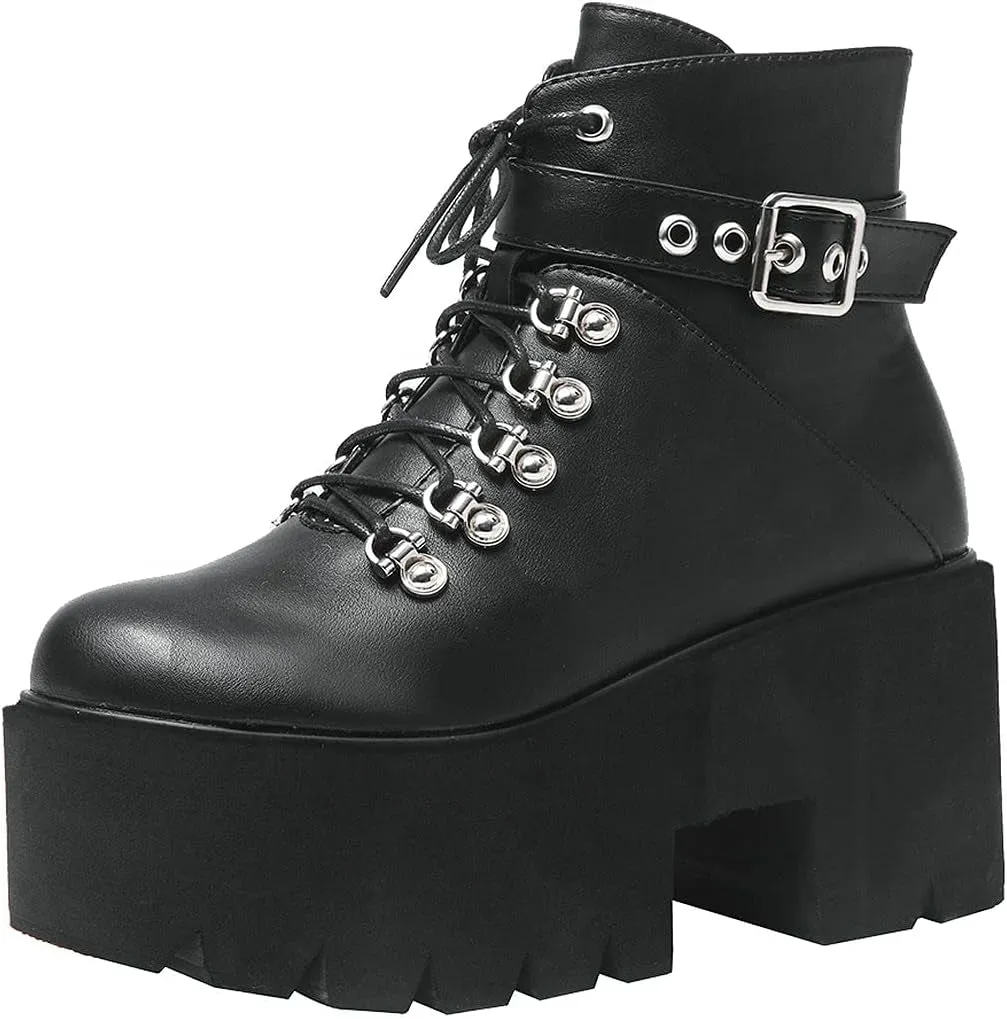 Women'S Platform Goth Combat Boots Lace up Chunky High Heels Gothic Punk Ankle Boots