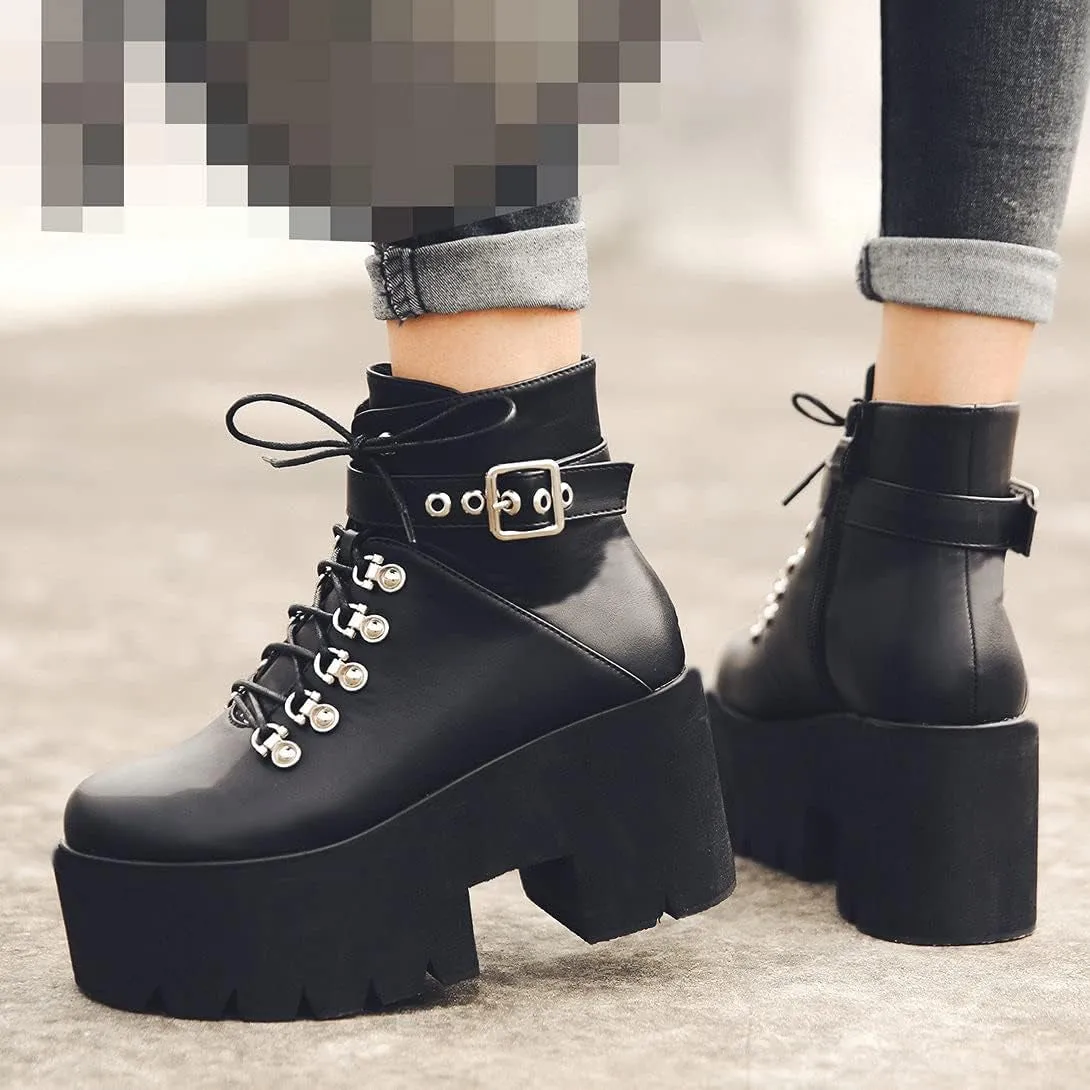 Women'S Platform Goth Combat Boots Lace up Chunky High Heels Gothic Punk Ankle Boots