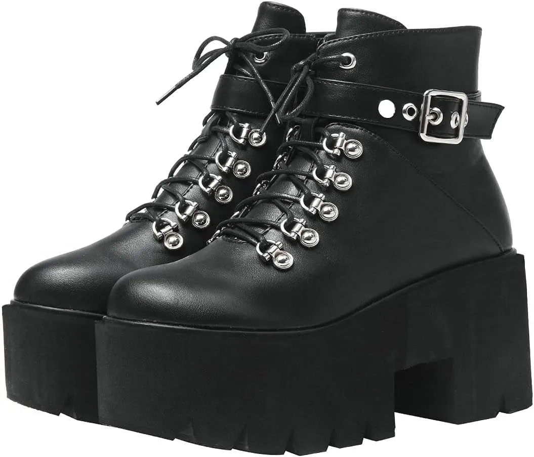 Women'S Platform Goth Combat Boots Lace up Chunky High Heels Gothic Punk Ankle Boots