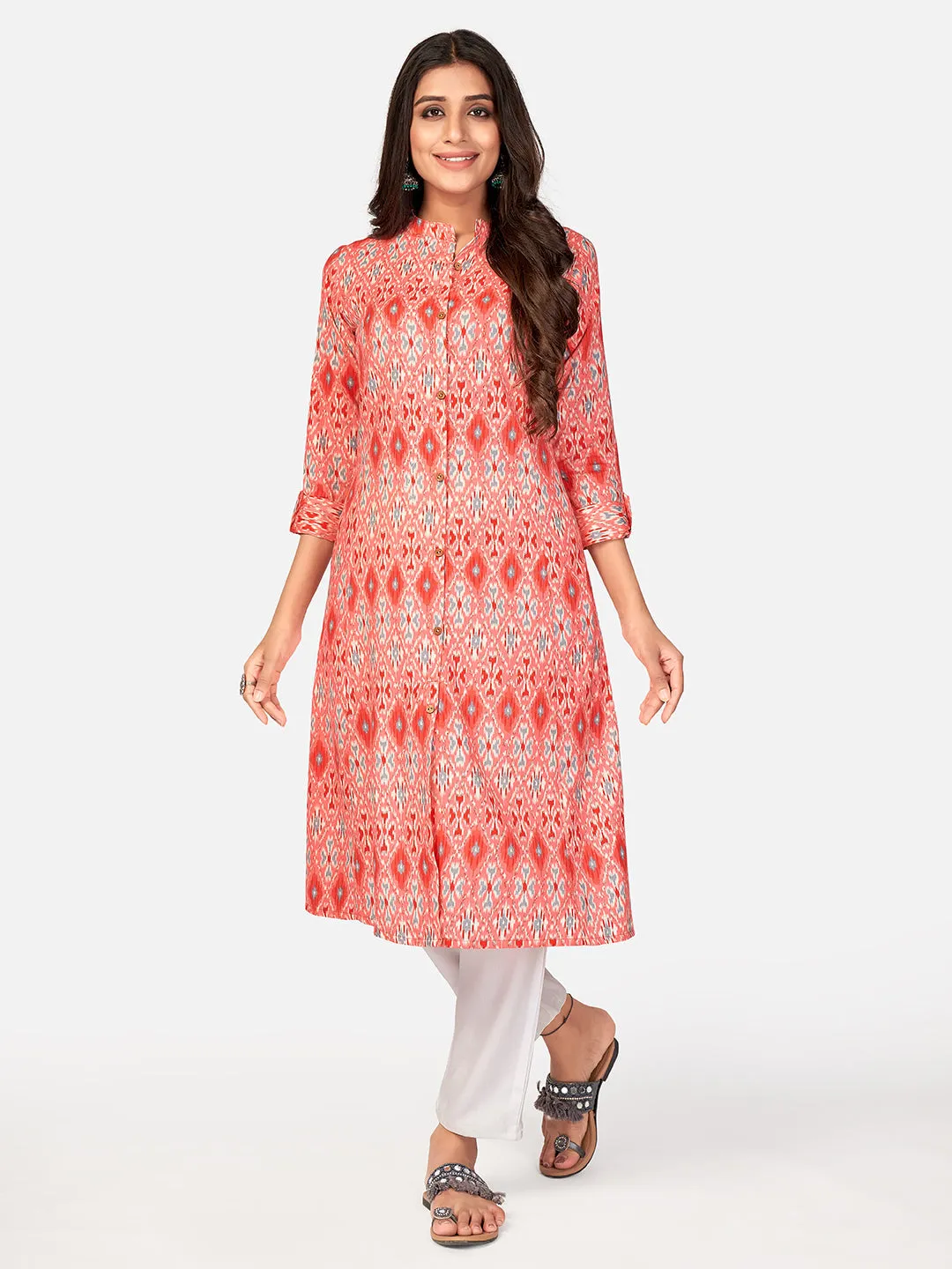 Women'S Printed A-Line Cotton Coral Kurta With Multiple Slit